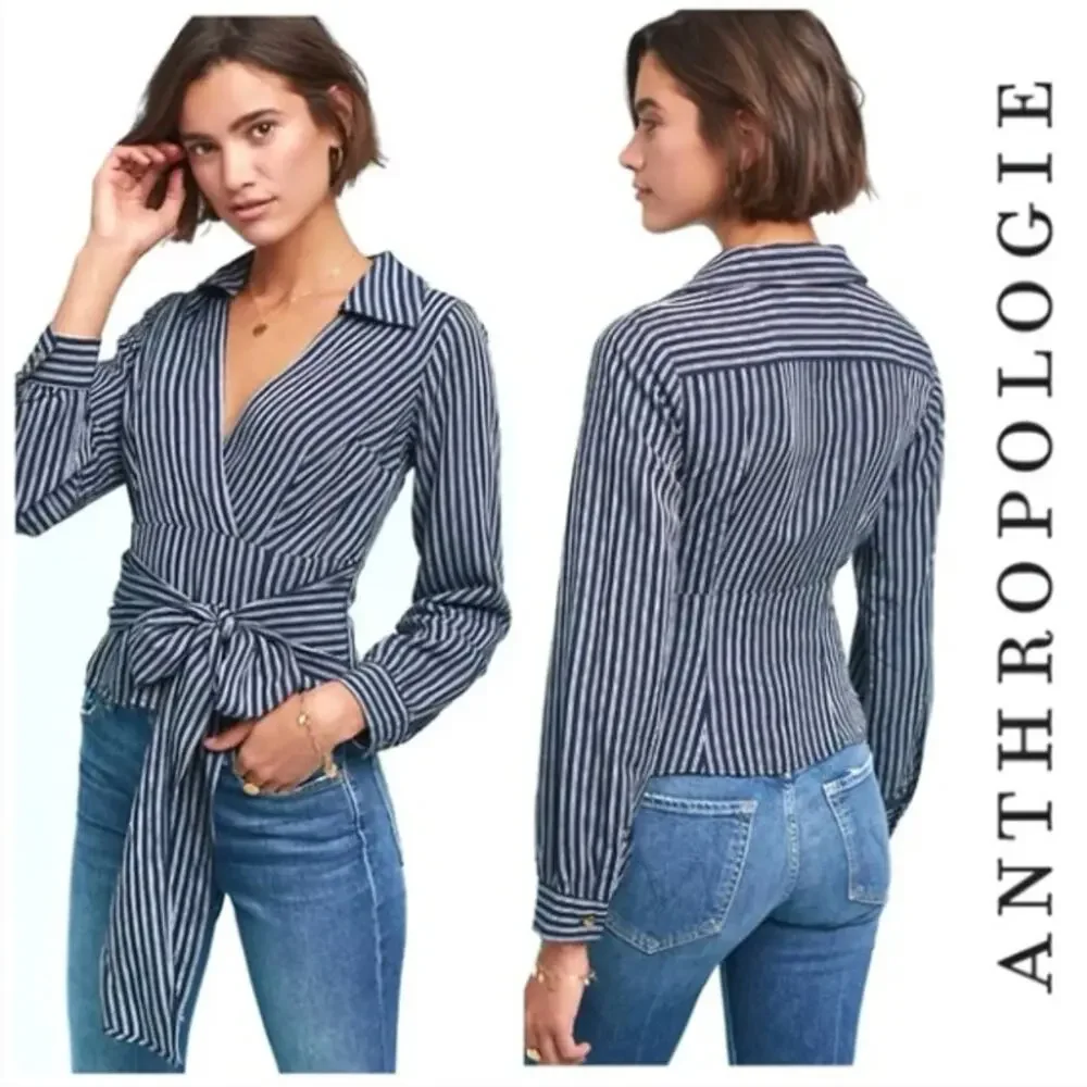 Anthropologie Maeve Fiorina Striped Blouse Navy White 10 - Picture 1 of 7